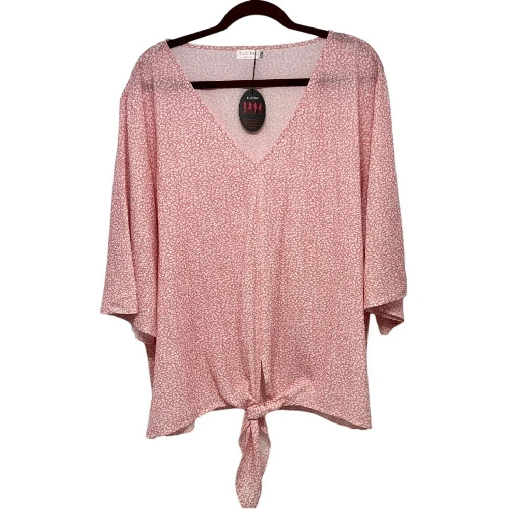 Bluetime NEW Pink & White Print V Neck 3/4 Sleeve Tie Front Top Women’s 2XL - Picture 3 of 9